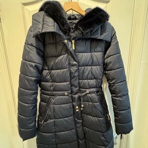 Women's Black Quilted Jacket with Faux Fur Hood